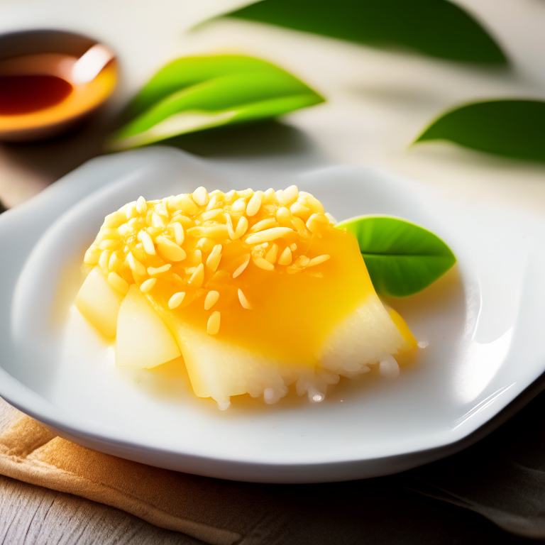 Mango sticky rice in a Thai plate, bright studio lighting, extremely sharp focus, Thai restaurant setting