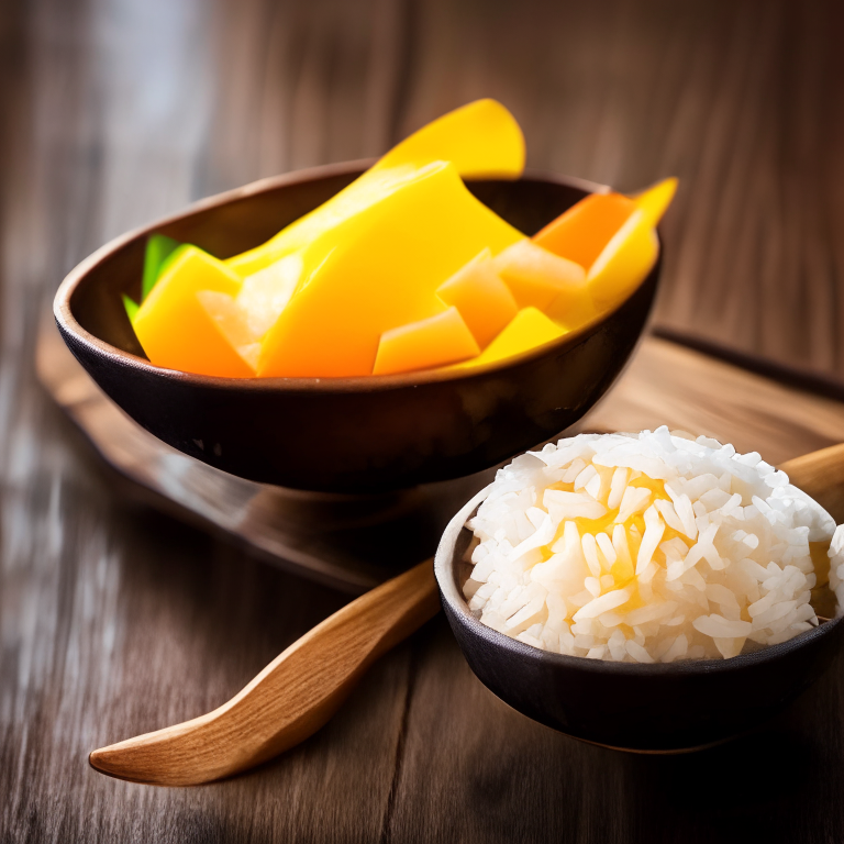 Mango sticky rice in a decorative Thai bowl, bright studio lighting, extremely sharp focus, Thai restaurant setting