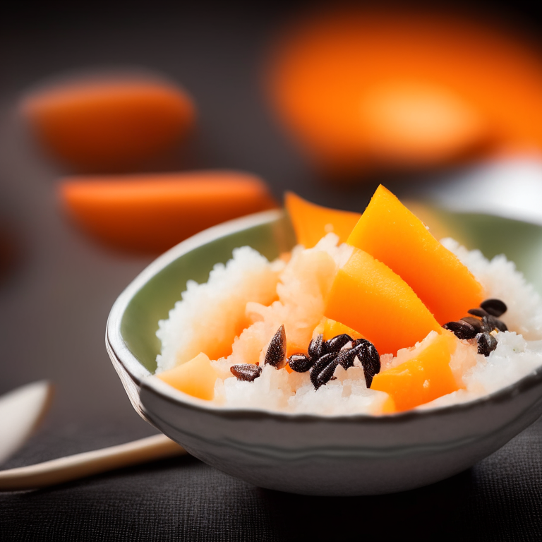 Sticky rice papaya in a decorative Thai bowl, bright studio lighting, extremely sharp focus, Thai restaurant setting