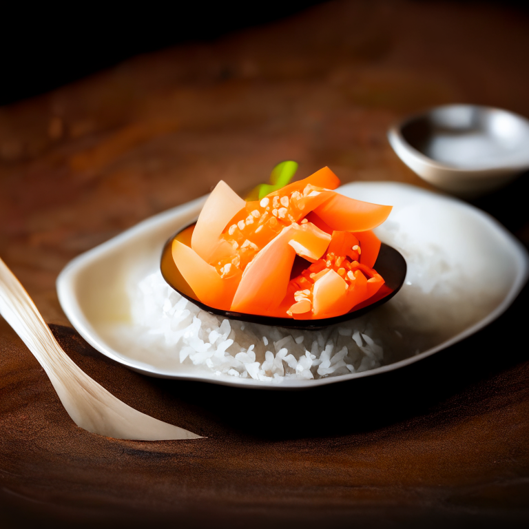 Sticky rice papaya in a Thai plate, bright studio lighting, extremely sharp focus, Thai restaurant setting