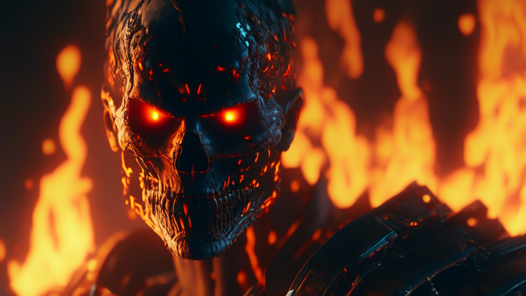 closeup of man with fire in background, unreal engine 4k wallpaper, unreal engine 5 digital art, 4k 
highly detailed digital art, 4k detailed digital art, unreal 5 render, 8k cg render, cyberpunk skeleton, unreal 5 
engine render, threat. unreal 5, unreal 5, 4k digital render, 4k artstation trend