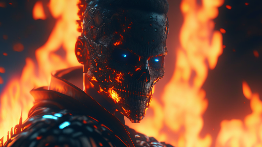 closeup of man with fire in background, unreal engine 4k wallpaper, unreal engine 5 digital art, 4k 
highly detailed digital art, 4k detailed digital art, unreal 5 render, 8k cg render, cyberpunk skeleton, unreal 5 
engine render, threat. unreal 5, unreal 5, 4k digital render, 4k artstation trend