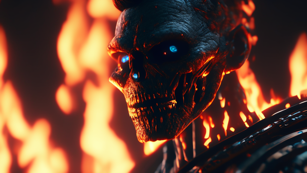 closeup of a man with fire in the background, his jaw open,unreal engine 4k wallpaper, unreal engine 5 digital art, 4k 
highly detailed digital art, 4k detailed digital art, unreal 5 render, 8k cg render, cyberpunk skeleton, unreal 5 
engine render, threat. unreal 5, unreal 5, 4k digital render, 4k artstation trend