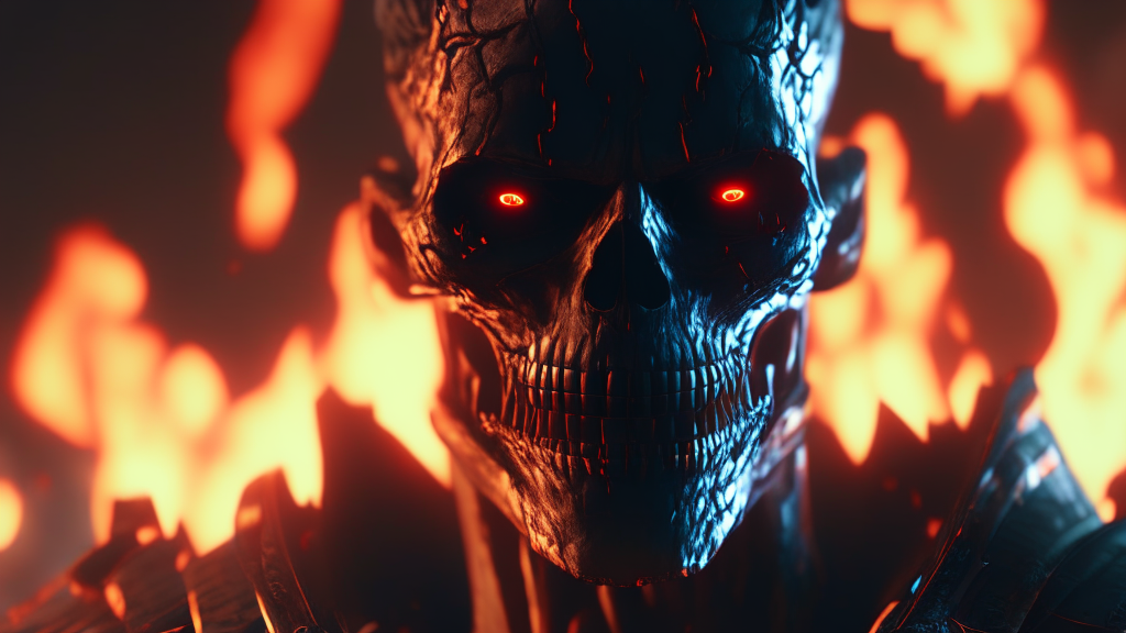 closeup of a man with fire in the background, his jaw open,unreal engine 4k wallpaper, unreal engine 5 digital art, 4k 
highly detailed digital art, 4k detailed digital art, unreal 5 render, 8k cg render, cyberpunk skeleton, unreal 5 
engine render, threat. unreal 5, unreal 5, 4k digital render, 4k artstation trend