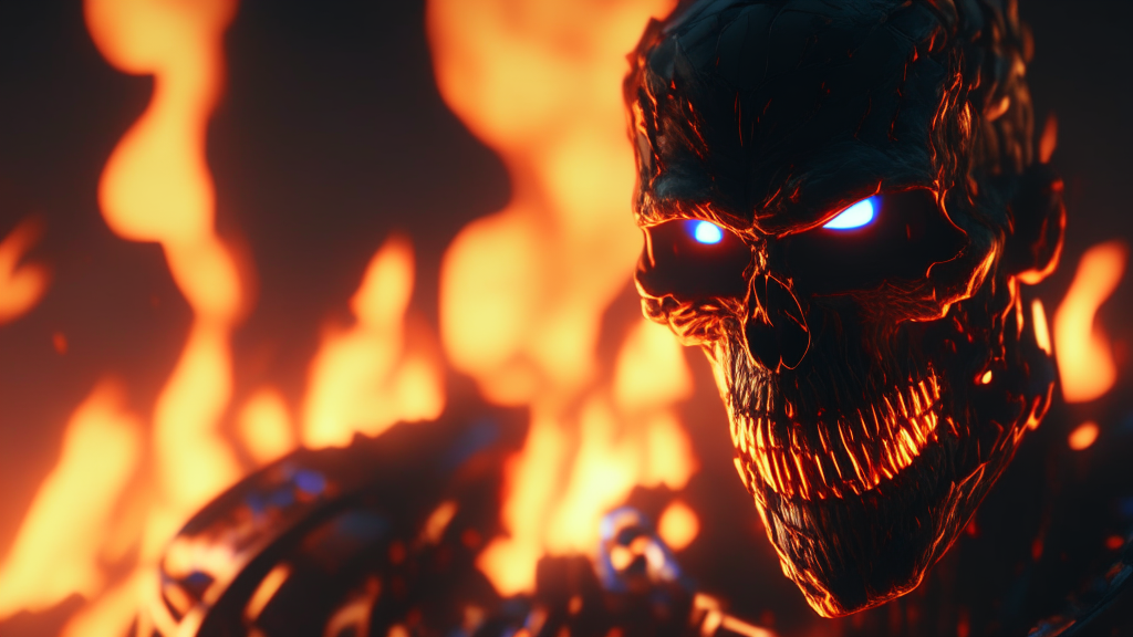 closeup of a man with fire in the background, his jaw open,unreal engine 4k wallpaper, unreal engine 5 digital art, 4k 
highly detailed digital art, 4k detailed digital art, unreal 5 render, 8k cg render, cyberpunk skeleton, unreal 5 
engine render, threat. unreal 5, unreal 5, 4k digital render, 4k artstation trend