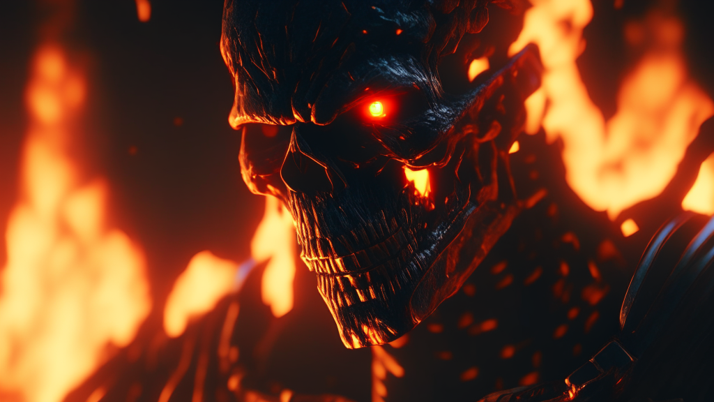 closeup of a man with fire in the background, his jaw open,unreal engine 4k wallpaper, unreal engine 5 digital art, 4k 
highly detailed digital art, 4k detailed digital art, unreal 5 render, 8k cg render, cyberpunk skeleton, unreal 5 
engine render, threat. unreal 5, unreal 5, 4k digital render, 4k artstation trend