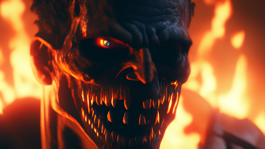 closeup of a man with fire in the background, his jaw open, unreal engine 4k wallpaper