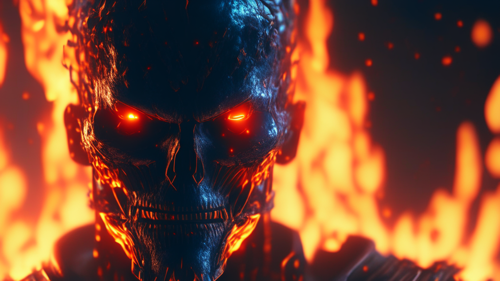 closeup of man with fire in background, unreal engine 4k wallpaper, unreal engine 5 digital art, 4k highly detailed digital art, 4k detailed digital art, unreal 5 render, 8k cg render, cyberpunk skeleton, unreal 5 engine render, threat. unreal 5, unreal 5, 4k digital render, 4k artstation trend