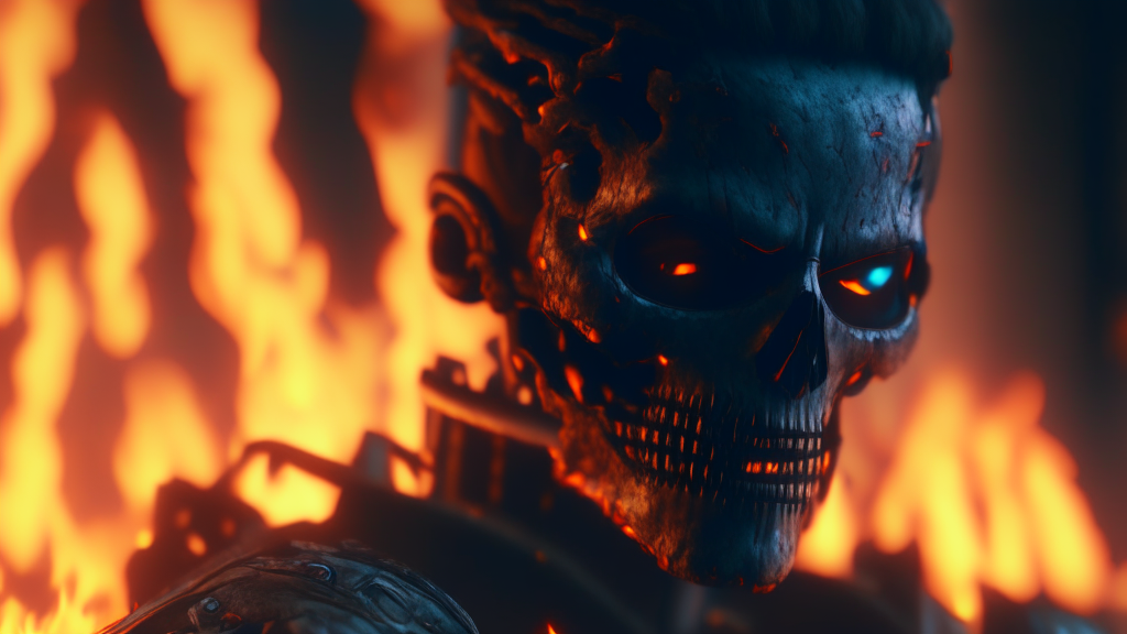 closeup of man with fire in background, unreal engine 4k wallpaper, unreal engine 5 digital art, 4k highly detailed digital art, 4k detailed digital art, unreal 5 render, 8k cg render, cyberpunk skeleton, unreal 5 engine render, threat. unreal 5, unreal 5, 4k digital render, 4k artstation trend