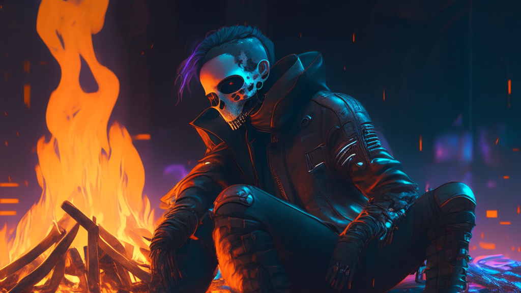 Aman Ina in leather jacket sitting by the fire, cyberpunk art by Beeple, trends on Artstation, digital art, cyberpunk art ultra realistic 8k, badass anime 8k, cyberpunk skeleton