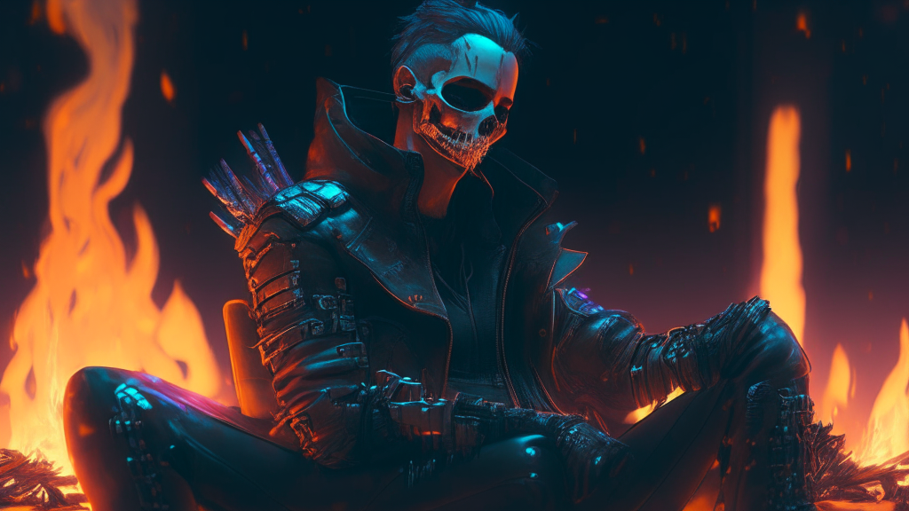 Aman Ina in leather jacket sitting by the fire, cyberpunk art by Beeple, trends on Artstation, digital art, cyberpunk art ultra realistic 8k, badass anime 8k, cyberpunk skeleton