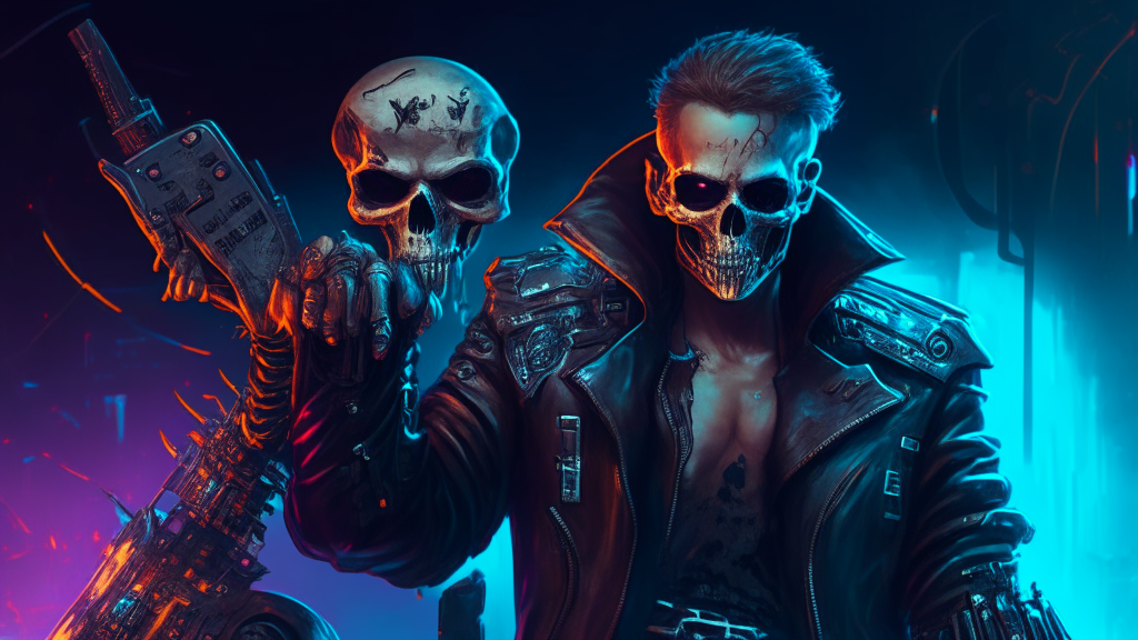 Aman in leather jacket holding a video game controller, cyberpunk art, by Tadeusz Pruszkiewski, digital art, terminator skeleton, 4k uhd wallpaper, ghost rider, smug look