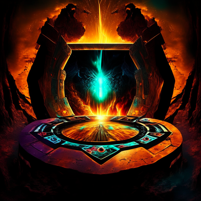 high contrast surreal nether portal , high definition, multi color, poker table, sci fi