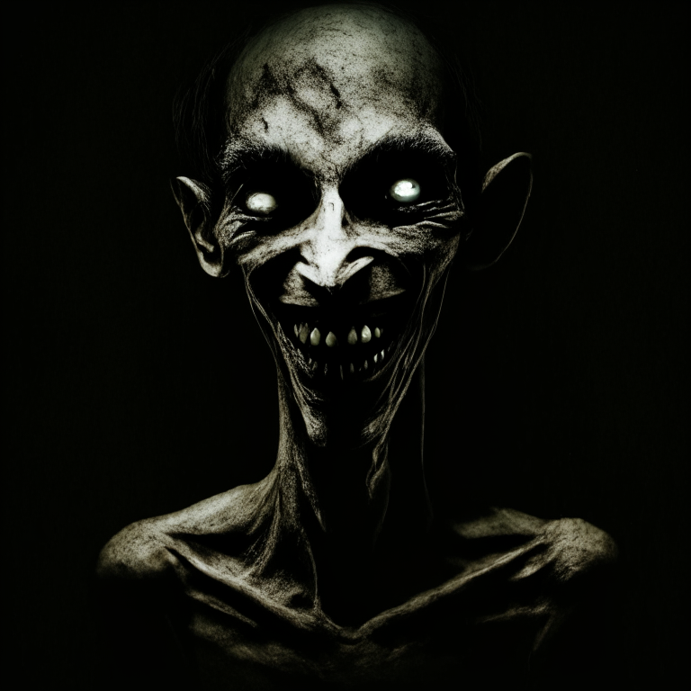 emaciated, grinning face in darkness