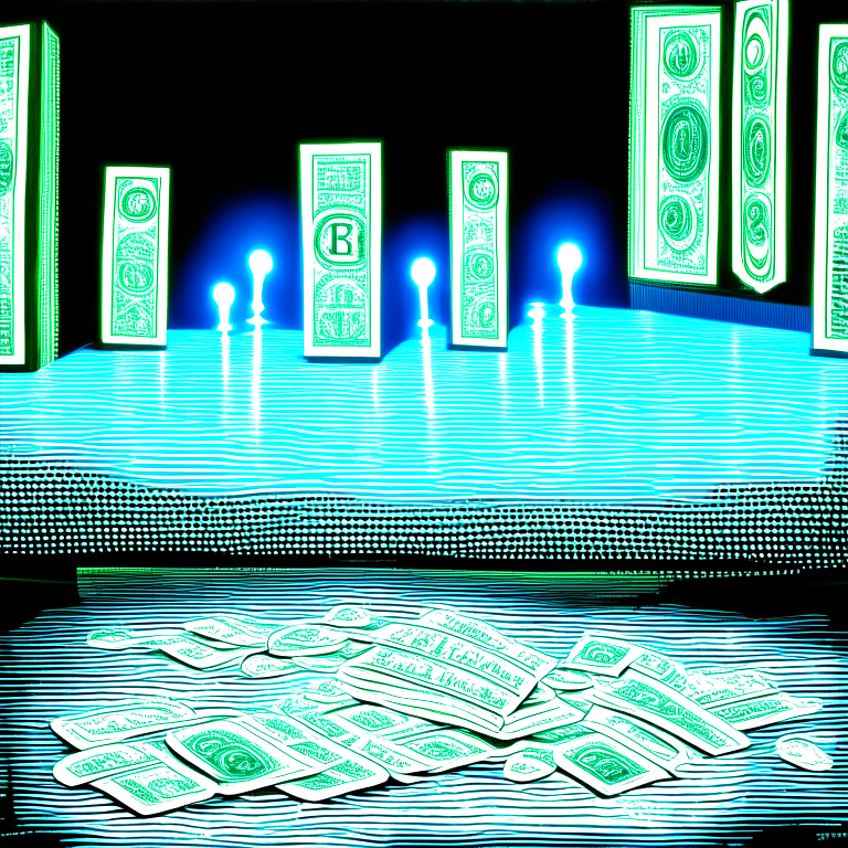 Money and coins in abundance irradiating electric lights 