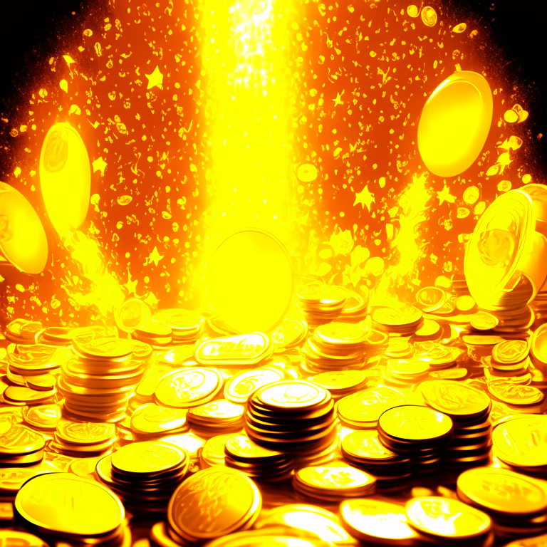 Money and coins in abundance irradiating golden lights 