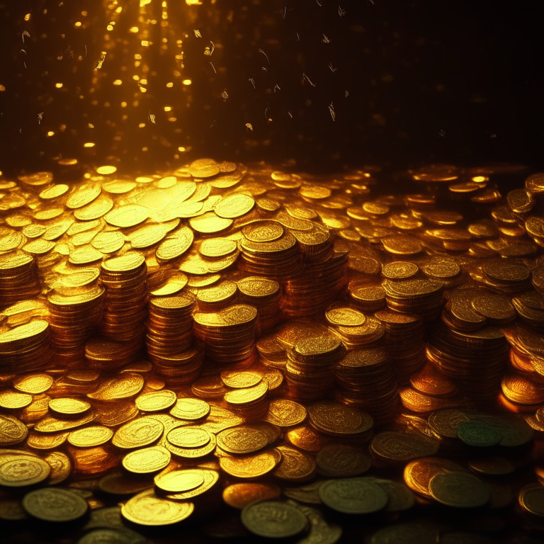 Money and coins in abundance irradiating golden lights 