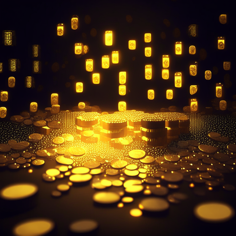Money, coins and diamonds in abundance irradiating golden lights 
