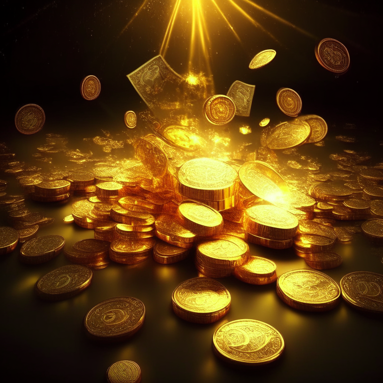 Money, coins and diamonds in abundance irradiating golden lights 