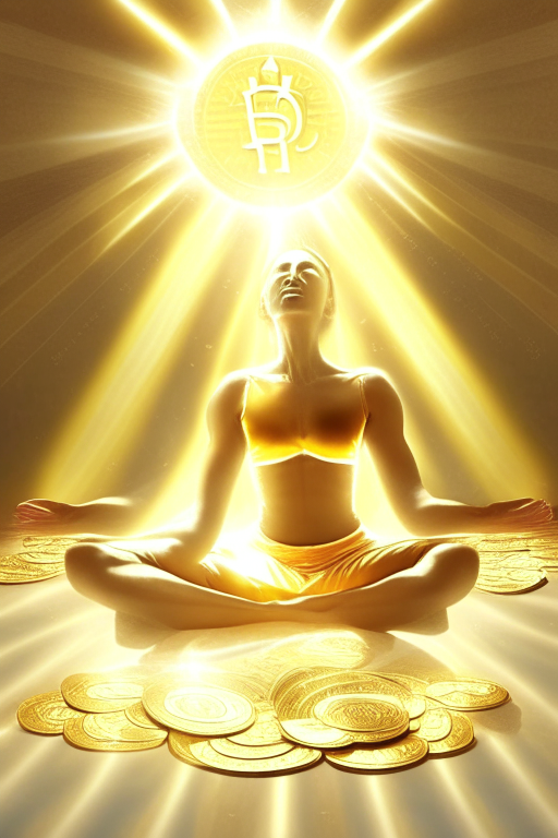 doing yoga with golden and white light rays with gold coins