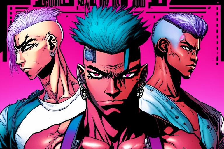 Cyberpunk manga comic book cover of three heroes, first hero is ebony male tall muscular man in purple baseball uniform, second hero is female pale white turquoise hair undercut combed-over hairstyle shaved temples icey blue eyes combed-over hairstyle shoulder length hair CrossFit athlete ripped cut, third hero is cyberpunk cholo dark complected Hispanic black beard scraggly hair wearing red shades red-black plaid flannel trenchcoat