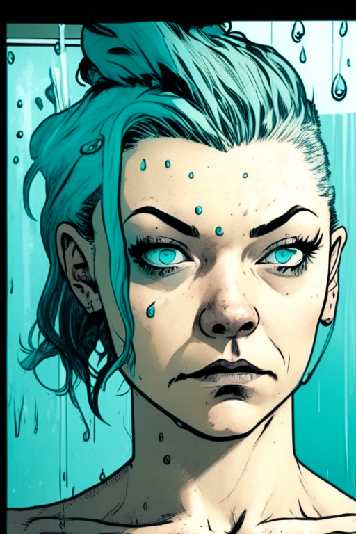 Comic panel of Natalie Dormer with turquoise undercut hair and ice blue eyes exiting a shower