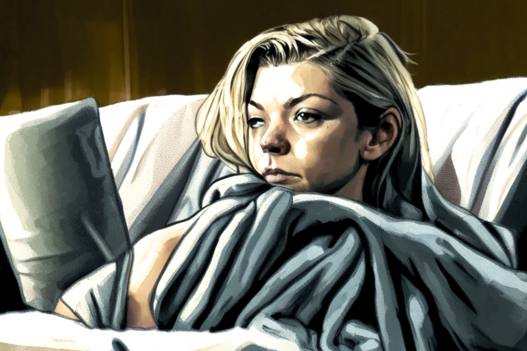 Comic panel of Natalie Dormer wrapped in a towel sitting on a couch