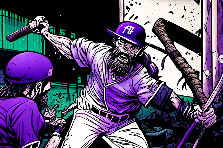 Comic panel of bearded Jonathan Majors in purple baseball uniform swinging a bat at an undead zombie in cyberpunk manga style by Mirasume Shinrow