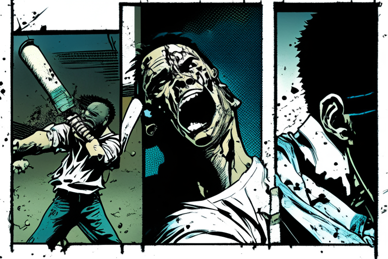 Comic panel of Jonathan Majors hitting a zombie's head off with a baseball bat in cyberpunk manga style by Mirasume Shinrow