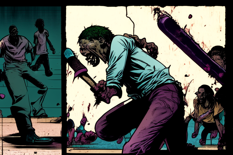 Comic panel of Jonathan Majors stomping on a zombie's head while holding a bloody baseball bat in cyberpunk manga by Mirasume Shinrow