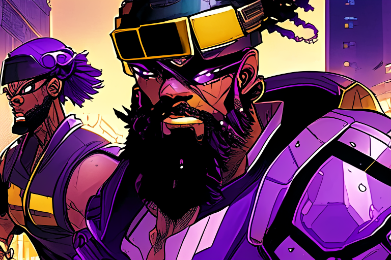 Character art in the cyberpunk manga style of Mirasume Shinrow and Dike Ruan depicting a tall muscular ebony baseball player with a beard wearing a purple uniform with gold trim and a purple helmet. The helmet has a glass lens over his eyes showing reflections of a zombie horde sprinting towards him in the Night City scenery from Cyberpunk Edgerunners. The character resembles actor Jonathan Majors.