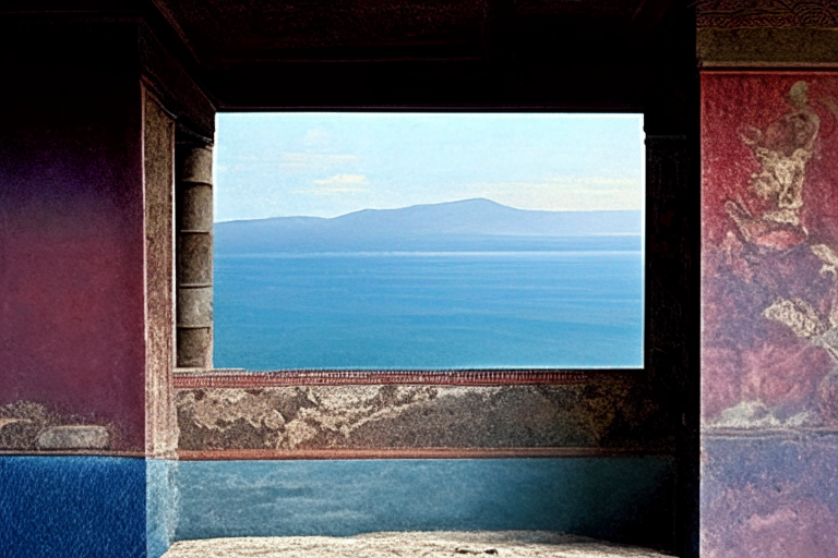 mount Vesuvius and the gulf of neaples seen from an ancient roman villa with porch and frescoes
