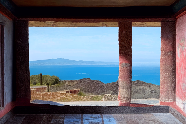 vulcano Vesuvius and the gulf of neaples seen from an ancient roman villa with porch and frescoes
