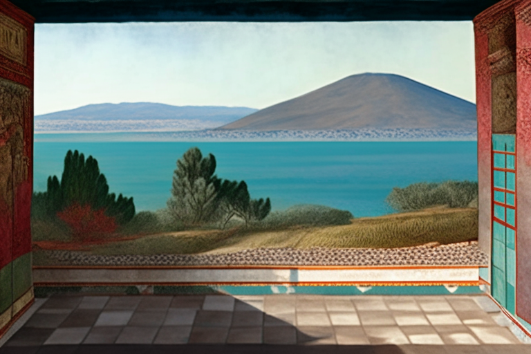 vulcano Vesuvius and the gulf of neaples seen from an roman villa in pompeian style, with porch and frescoes
