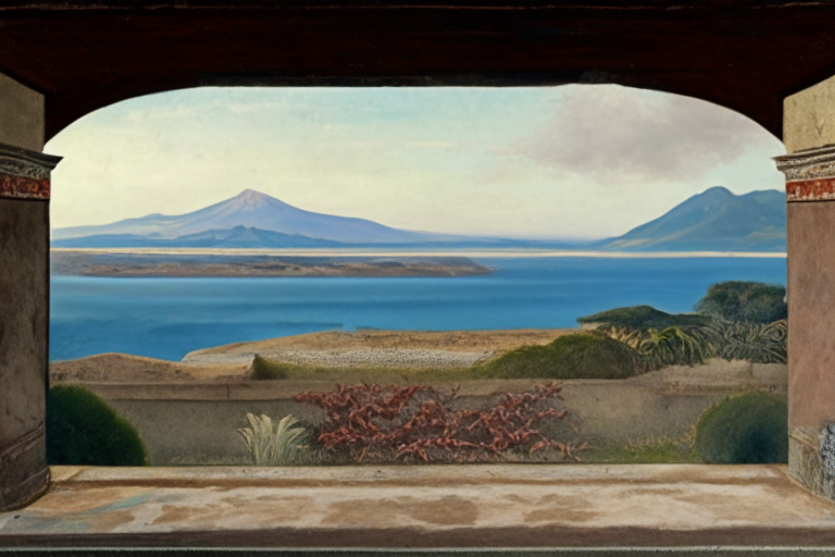 landscape, vulcano Vesuvius at the center of the scene and the gulf of Neaples seen from an roman villa in herculaneum style, with porch and frescoes
