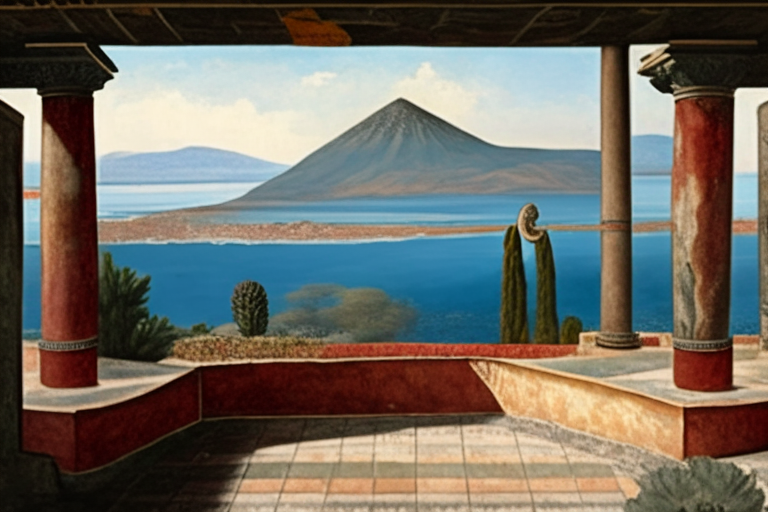 vulcano Vesuvius at the center of the scene and the gulf of Neaples seen from an roman villa, with porch and frescoes in style of pompeii
