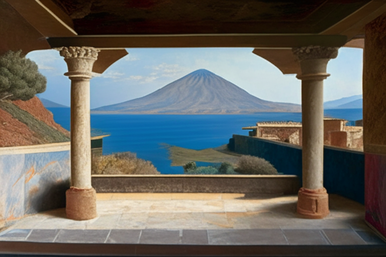 vulcano at the center of the scene and the gulf of Neaples seen from an ancient roman villa, with porch and frescoes in style of pompeii
