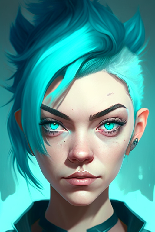 Portrait of an anime character named Nikki, she has turquoise undercut hair combed over with shaved temples, icy blue eyes, and face resembling actress Natalie Dormer