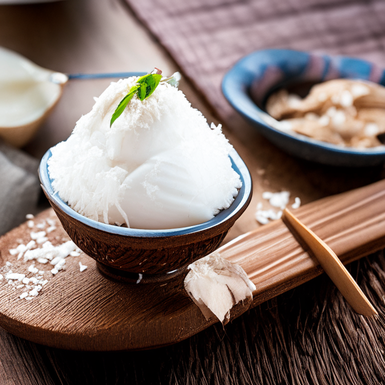 Coconut ice cream in a Thai restaurant, served in a decorative Thai bowl with Thai spoon and fork, on a table with Thai cloth and decorations