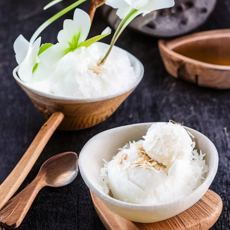 Coconut ice cream served in a coconut shell bowl with a Thai spoon, on a table with Thai napkins and orchids