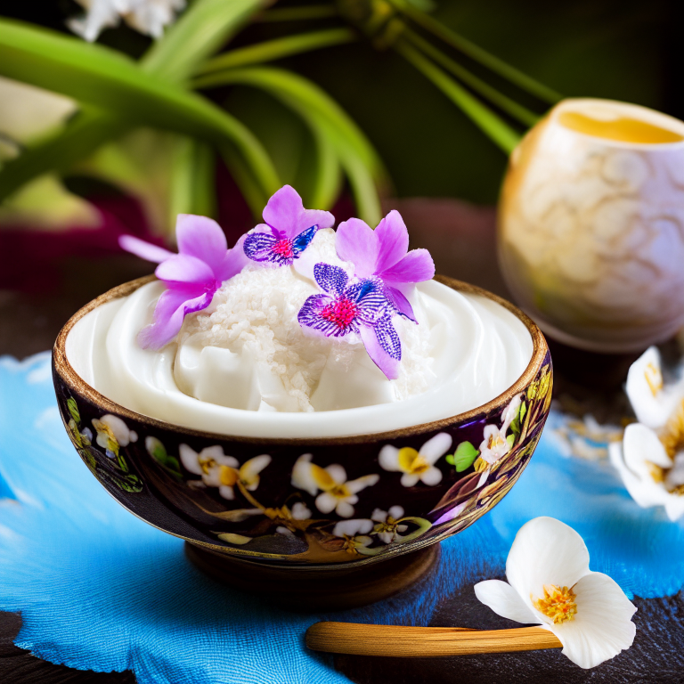 Coconut ice cream served in a decorative Thai bowl with chopsticks, on a Thai style table with flowers and Thai art