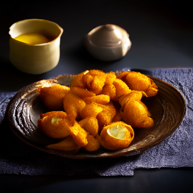 Thai banana fritters served on a decorative Thai plate with Thai utensils, on a table with Thai cloth, bright studio lighting, razor sharp focus