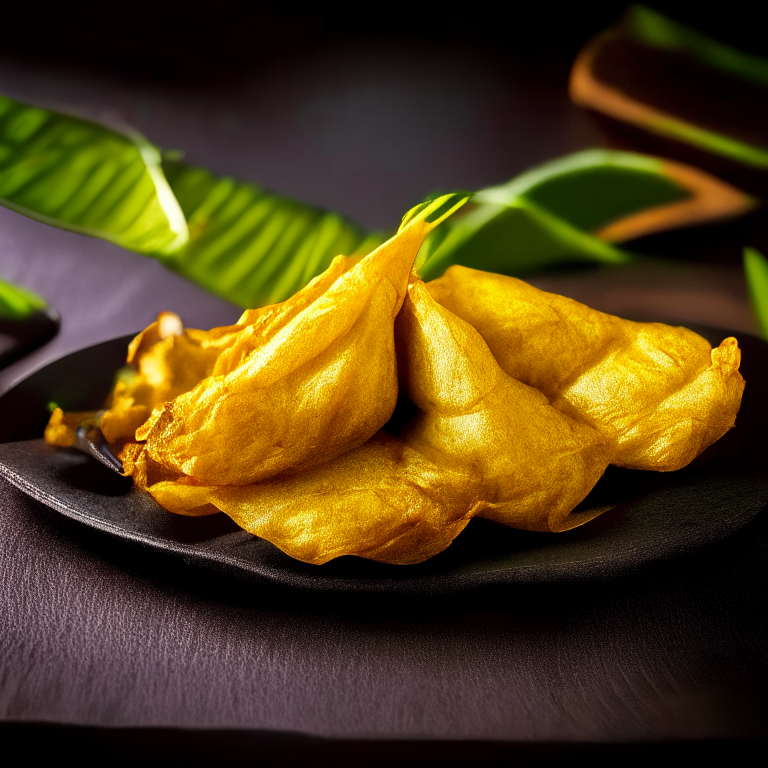 Thai banana fritters served on a banana leaf with Thai spoon, on a table with Thai napkins, bright studio lighting, razor sharp focus