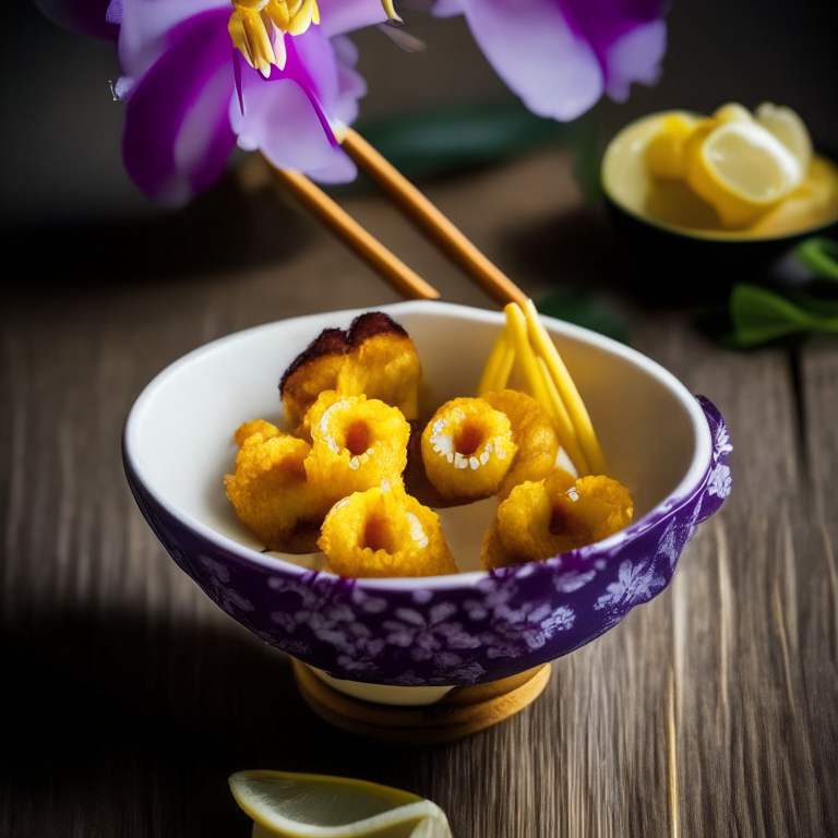 Thai banana fritters in a bowl with chopsticks, on a Thai style table with orchids, bright natural lighting, every part in focus