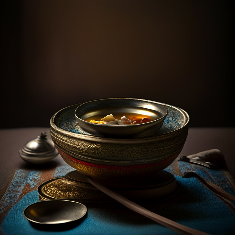 Tub Tim Grob served in a decorative Thai bowl with Thai utensils, on a table with Thai cloth, bright studio lighting, razor sharp focus