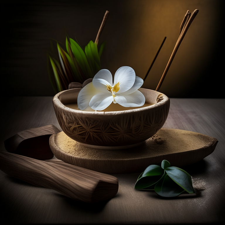 Tub Tim Grob served in a coconut shell with chopsticks, on a table with orchids, natural lighting, full focus