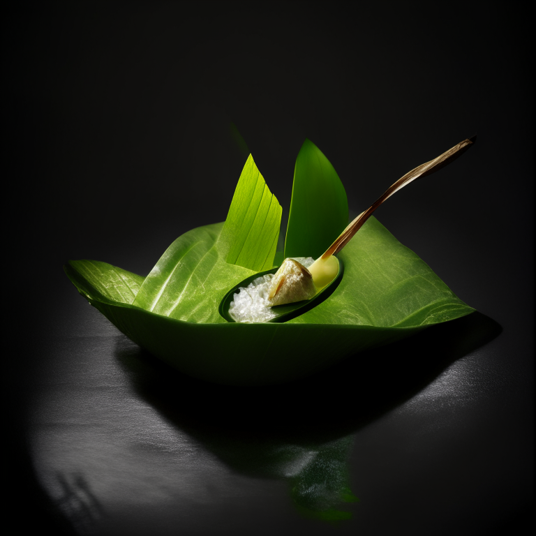Tub Tim Grob served on a banana leaf with Thai spoon, napkins, bright studio lighting, razor sharp focus