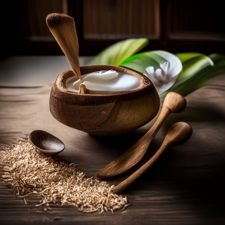 Tub Tim Grob served in a coconut shell with Thai spoon, on table with orchids, bright natural lighting, full focus