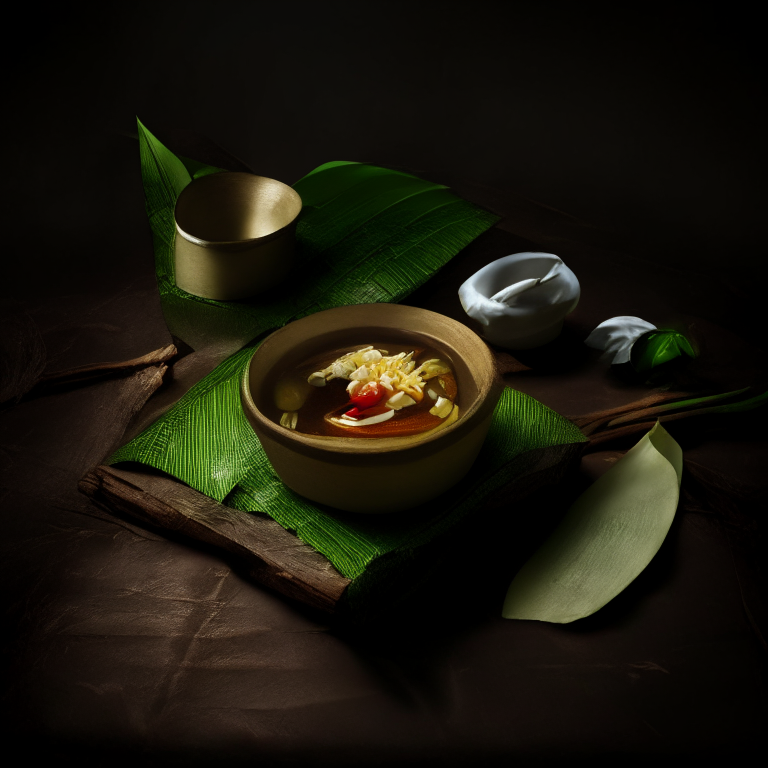 Tub Tim Grob served on banana leaf with Thai utensils, napkins, studio lighting, full focus