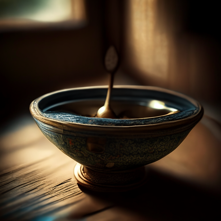 Tub Tim Grob in a Thai bowl with spoon, Thai decor, natural lighting, razor sharp focus